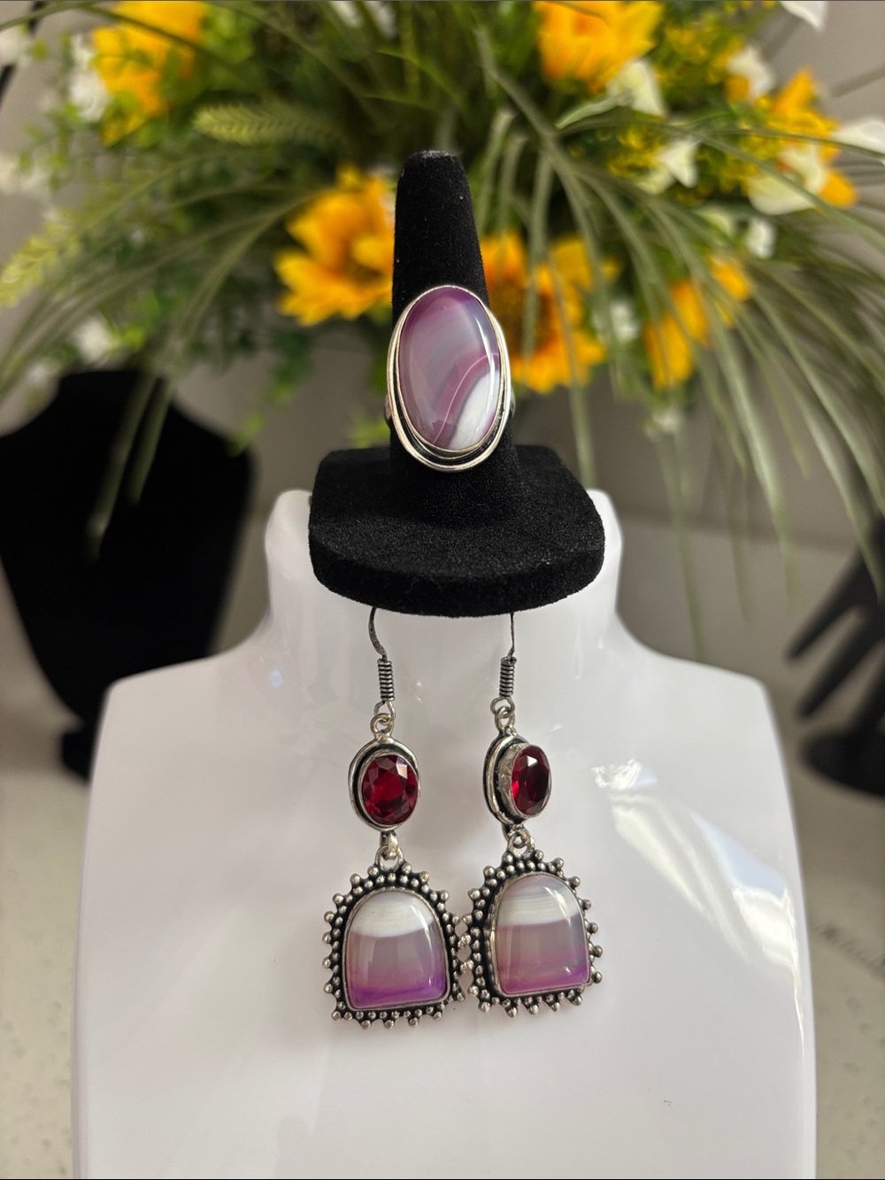 Botswana Agate Gemstone Earrings & Ring Size 7